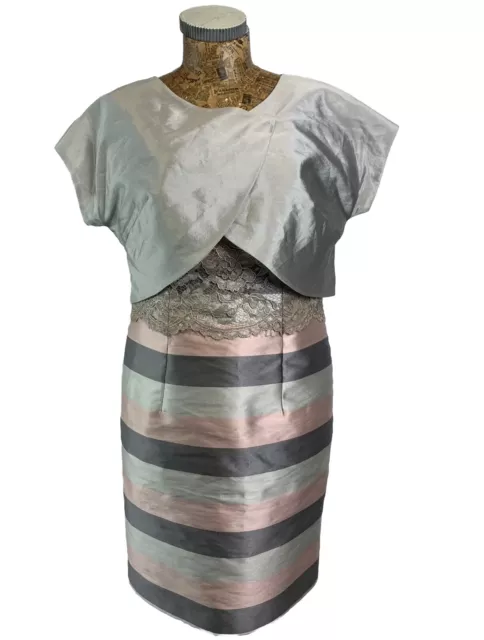 VESTIDO CHAQUETA DE TRAJE CARLA RUIZ 42 14 GRIS ROSA Recortado Vaina Corta Encaje a Rayas