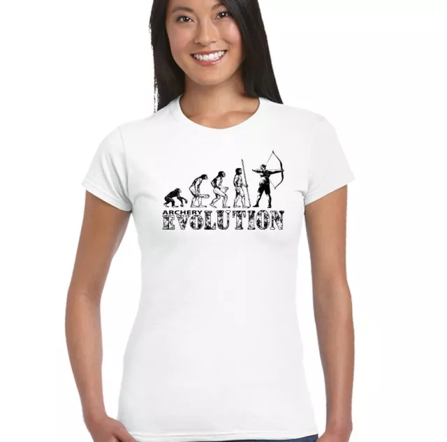 Archery Evolution lustiges Damen-T-Shirt Bogenschütze lange Schleife Pfeile Zielausrüstung