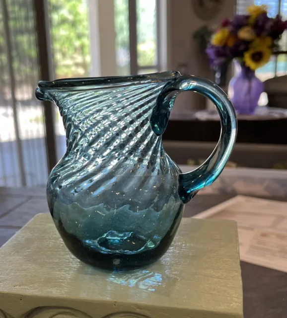 Vintage Hand Blown Glass Pitcher Optic Swirl Turquoise Blue