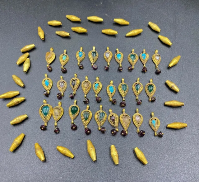 Ancient Roman Greek Gold Garnet Turquoise Gems Stone Jewelry Necklace Antiquity
