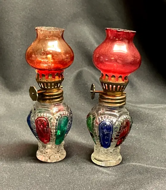 SET LOT OF 2 - Vintage Mini Red Ribbed Glass Oil Lamp Hong Kong JEWEL TONES