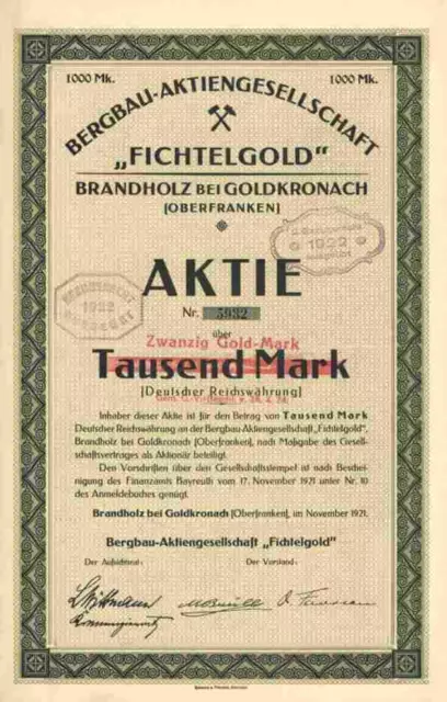 Bergbau AG "Fichtelgold" 1921 Goldkronach Brandholz Stuttgart Liegnitz Bayreuth