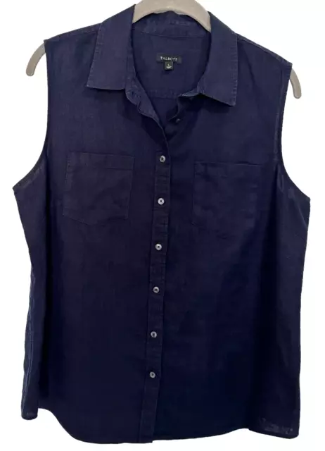 Talbots NEW 100% Linen Navy Blue Sleeveless Button Front Top Shirt Womens Sz L