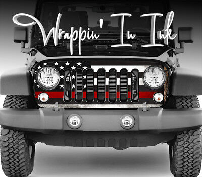 Grill Wrap American Flag Subdued Red Line Firefighter fits Jeep Wrangler 07- 18