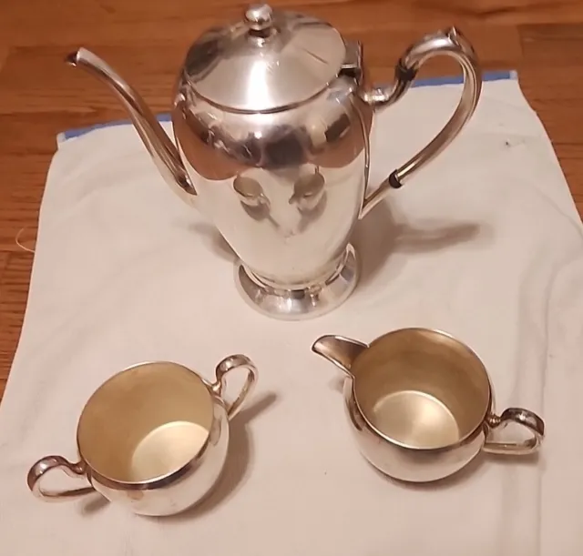 Vintage mid century Academy Silver on Copper coffee/tea set Pot Sugar & Creamer