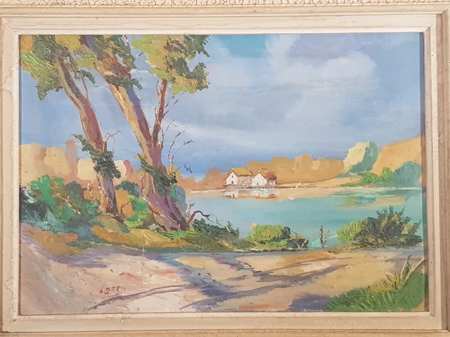 Tableau ancien signé. Paysage: Bord de rivière. Peinture huile sur panneau.