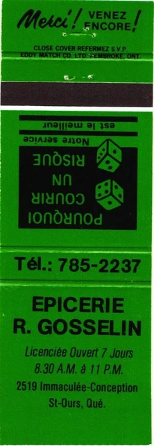 St-Ours, Quebec Canada R. Gosselin Grocery Store Vintage Matchbook Cover