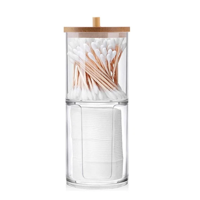 Qtip Holder Dispenser with Cotton Pads Jar Set Bamboo Lid Stackable Bat...