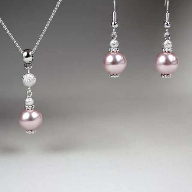 Blush pink pearl pendant necklace earrings silver wedding bridal jewelry set