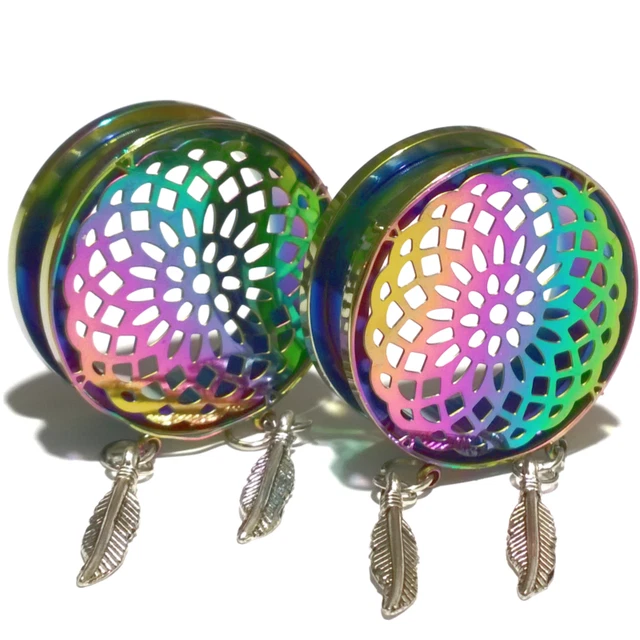 Pair of Rainbow Mandala Stainless Steel Ear Flesh Tunnels Plugs Gauges Earrings