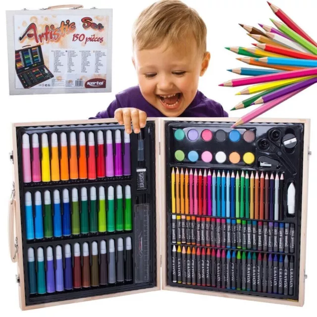 Valigetta Colori Pittore 150 Pezzi Assortiti Colori Acquerelli Pennelli Cera