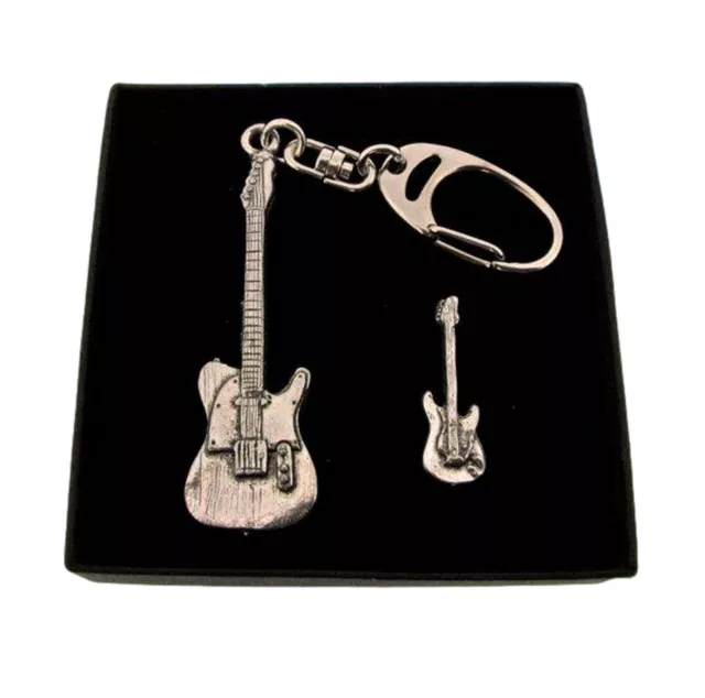 Electric Guitar Keyring And Pin Badge Boxed Gift Set HandCrafted In Solid Pewter