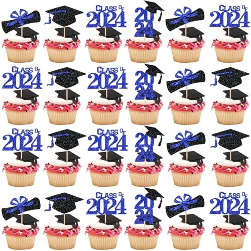 GRADUATION CUPCAKE TOPPERS 2024 Blue Glitter, Class of 2024 Cupcake