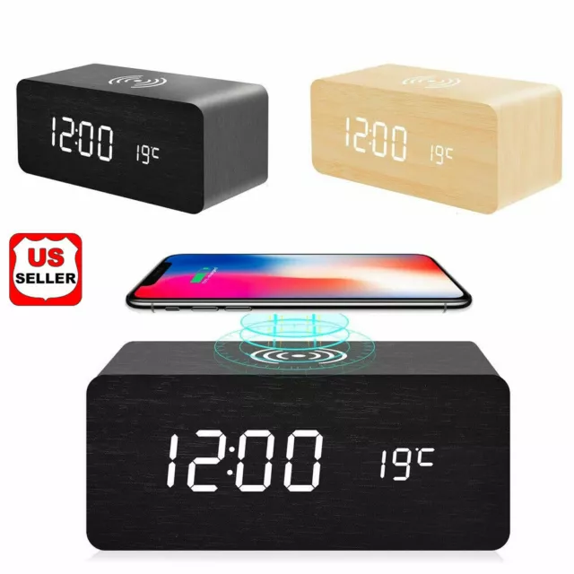 Modern Wooden Wood Digital LED Desk Alarm Clock Thermometer Qi Wireless Charger