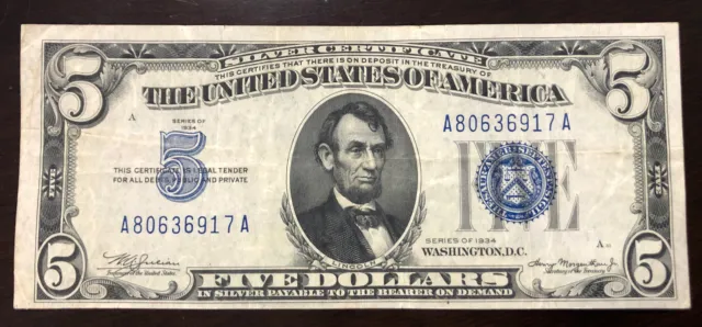 1934 $5 Silver Certificate Blue Seal