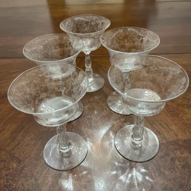Set Of 5 Cambridge Chantilly Etched Crystal Champagne Tall Sherbet Glasses