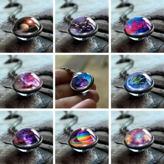 Glow in the Dark Galaxy System Necklace Pendant Double Sided Glass Dome Planet