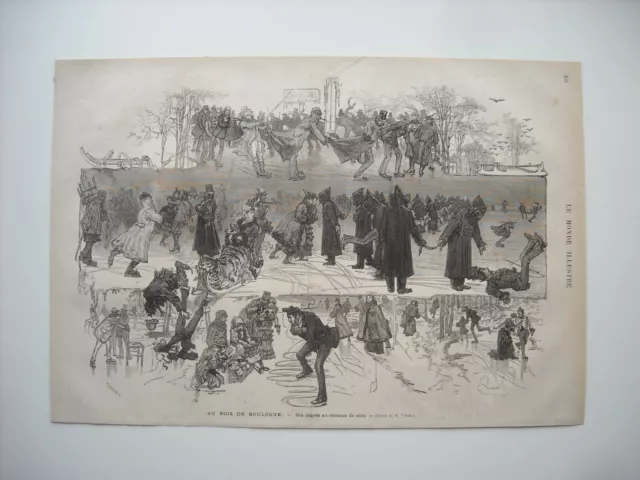 Gravure 1876. Au Bois De Boulogne. 10 Degres En Dessous De Zero. Patinage Sur Le