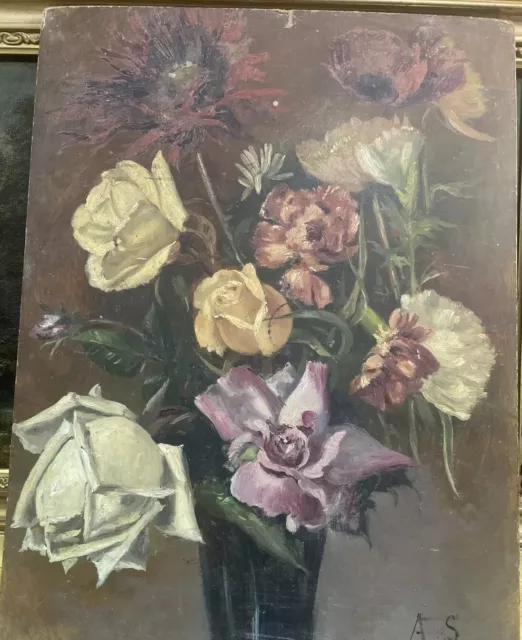 Tableau Huile Peinture Bouquet De Fleurs Signé 1900
