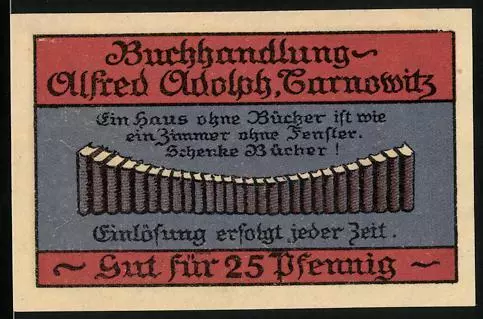 Notgeld Tarnowitz o. S., 25 Pfennig, Buchhandlung Alfred Adolph