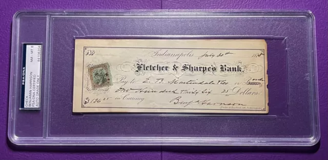 BENJAMIN HARRISON 1875 SIGNED CHECK PSA / DNA CERTIFIED NMMT 8 23rd US PRESIDENT