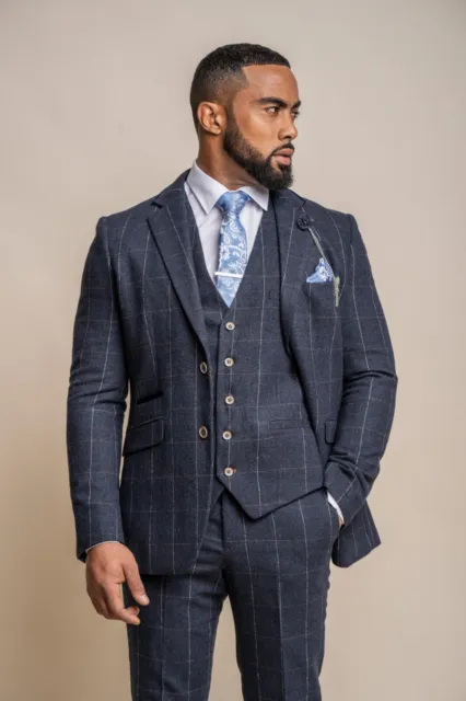 Men's Slim Fit Windowpane Check 3 Piece Suit - Wool Blend Navy Suit RRP £ 229.97