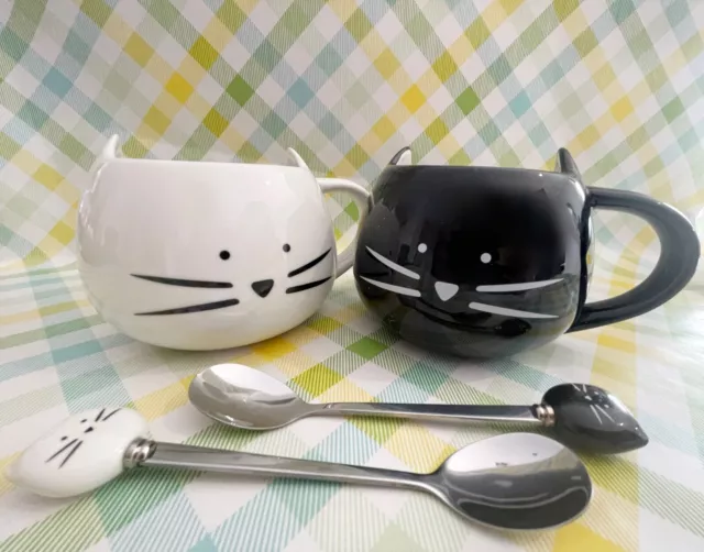 Cute Cat Coffee Cup–Set 2 with Teaspoons & Surprise Kittens–Mugs by KoolKatKoo