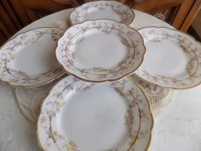 Antique MZ Austria Set of 5 Bread &Butter Plates with pink and yellow roses