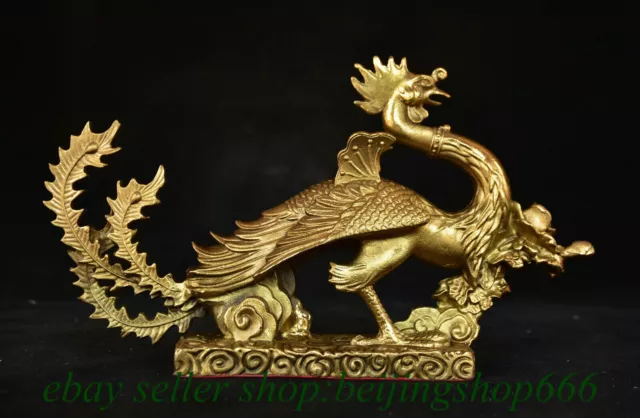 8.8" Chinese Pure Brass Fengshui Phoenix Bird Statue Sculpture