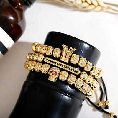 Men's Luxury CZ Pave Gold Crown Skull 8MM Copper Beads Beaded Bracelets Jewelry