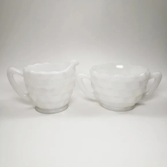 Vintage Hazel Atlas White Milk Glass Cube Pattern Open Sugar & Creamer