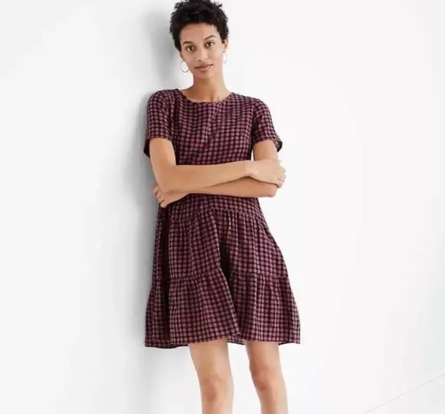 Madewell Short-Sleeve Tiered Mini Dress in Gingham Check Women's Size Medium