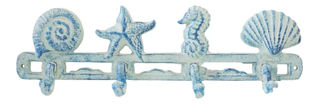 Distressed Coastal Blue Shell Seahorse Starfish Nautical Single Hooks Wall Decor