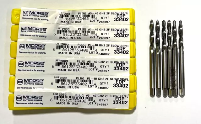 Morse 5-40 Tap HSS Spiral Flute Plug Taps 2 Flute GH2 Slow Spiral 6 Pack USA