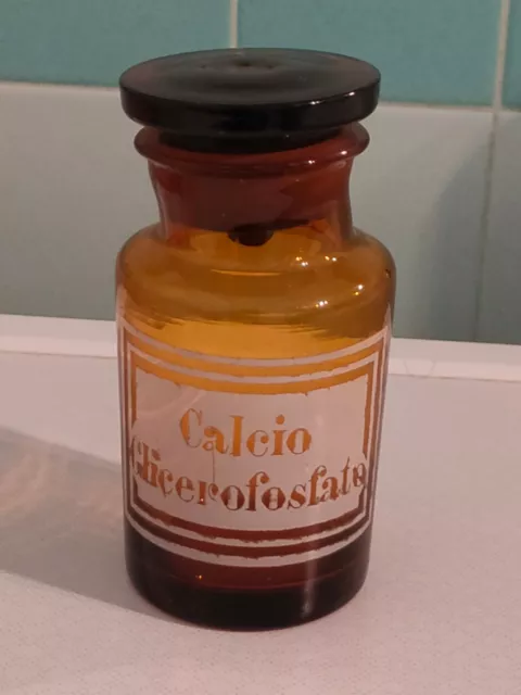 ANTICO VASO CONTENITORE Laboratorio Farmacia CALCIO GLICEROFOSFATO vetro ambrato