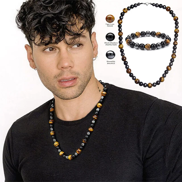 Men Triple Protection Necklace 24‘’ Tiger Eye Hematite Obsidian Bracelets Set