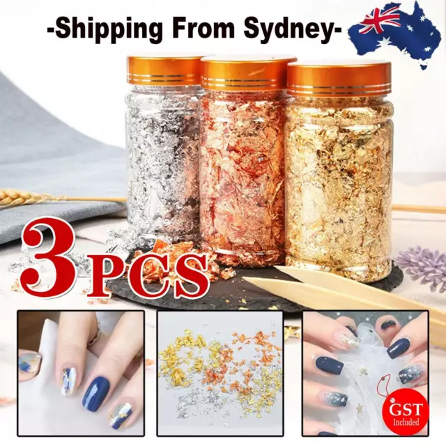 3PCS Gold & Silver & Rose Gold Foil Flakes Leaf Wrap Nail Art Acrylic Gel Polish