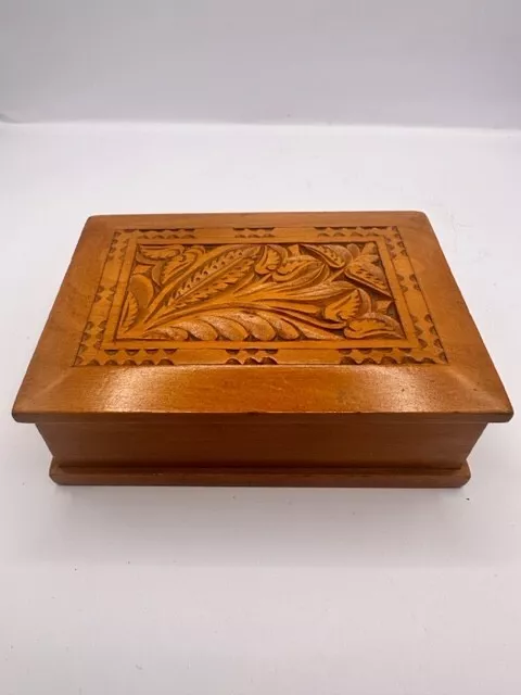 Antique Solid Treen Wood Hand Carved Box Flowers Wooden Hinged Lid Boxes Vintage