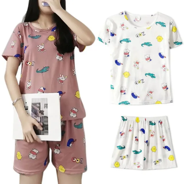 Women Girls Summer Pajamas Set Short Sleeve Cartoon Crocolile Loose Loungewear