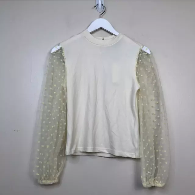 Lucy Paris Womens Polka Dot Long Sheer-Sleeve Mock-Neck Sweater Cream S, $59 NWT 2