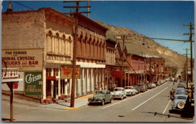 Virginia City, Nevada Postcard C Street Scene Crystal Bar / 1950s Cars / Chrome
