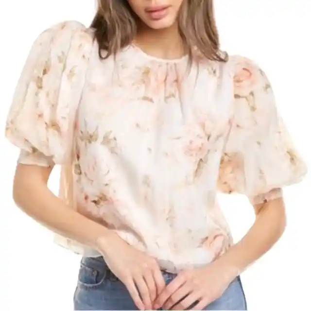 NWT Divine Heritage Puff Short Sleeve Floral Silk Top in Layla Floral Chiffon XS