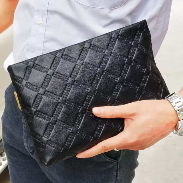 Genuine Leather Men's Bag Black Diamond Pattern Business Cowhide Clutch Bag