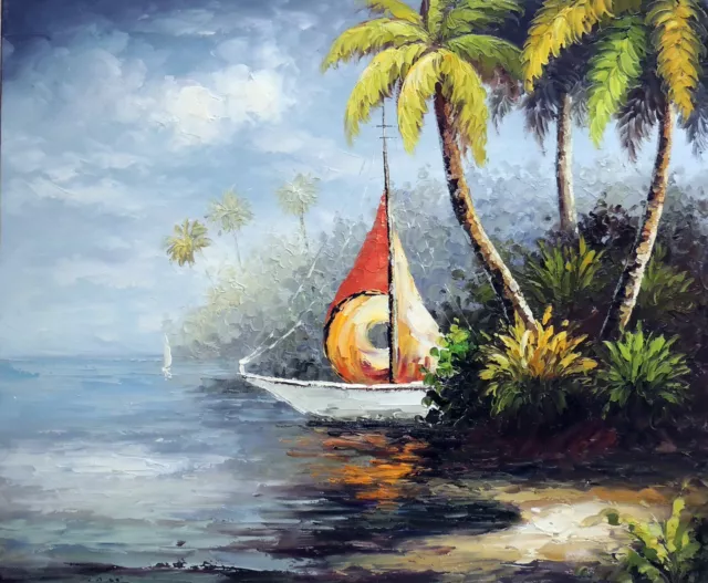 Island Shore Boat Rain Forest Tropical Palm Trees Oil Painting 20X24 STRETCHED