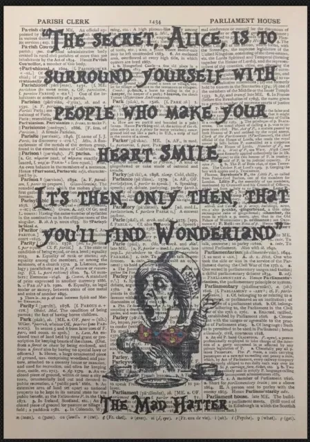 Alice In Wonderland Quote Vintage Dictionary Mad Hatter Print Wall Art Picture