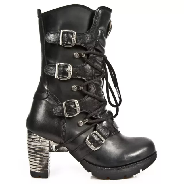 New Rock Botas TR003-S1 Mujer Negro Metálico Cuero Motero Tacón Goth Punk Shoes