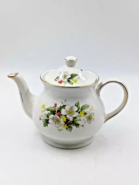 Vintage Sadler Teapot Holly Leaves and Berries ~ White Flowers ~ Gold ~ England