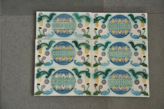 6 Pc Vintage Colorful Flower & Ball Embossed FM Fish Mark Ceramic Tiles,Japan