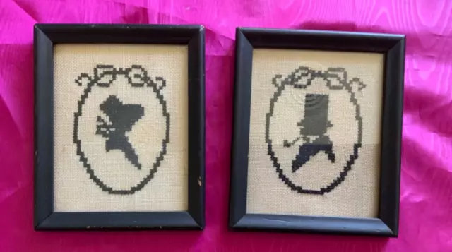 Vintage Pair of Framed Cross Stitched Silouettes in wooden Frames 5 3/4”x4 3/4”