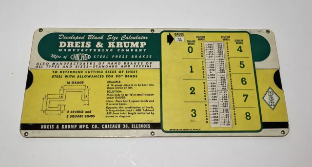 Vtg 1950’s Dreis & Krump Developed Blank Press Brake Size Calculator Slide Guide